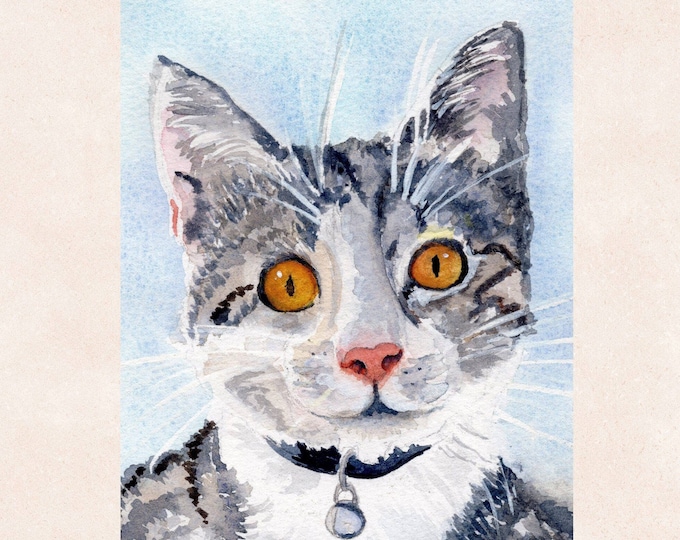 Cat Print, Watercolor Painting of a Grey Tabby Cat Gazing at You, Animal Wall Art