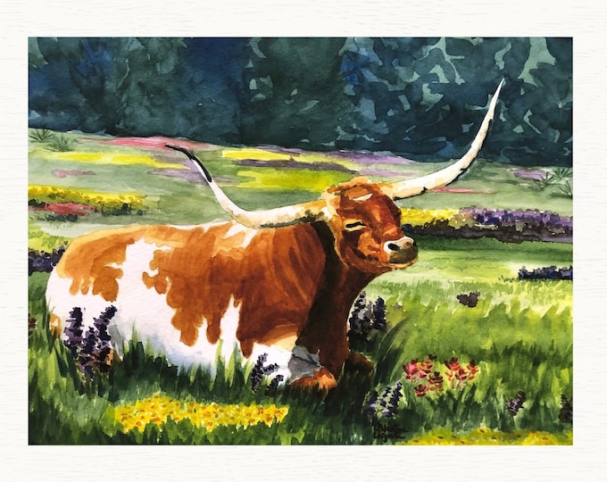 Texas Longhorn Watercolor Print, Sleepy Cow in Meadow Artwork for Home Decor
