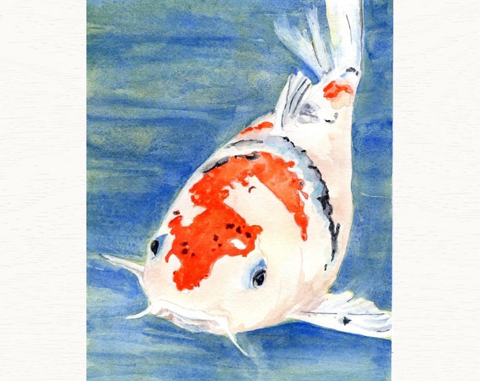 Fish Art Print, Watercolor Painting of a Orange, Blue & Black Koi Fish