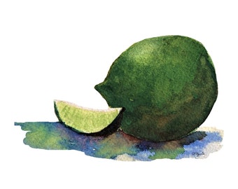 Watercolor Citrus Fruit Painting Print, Green Lime Art for Home Decor