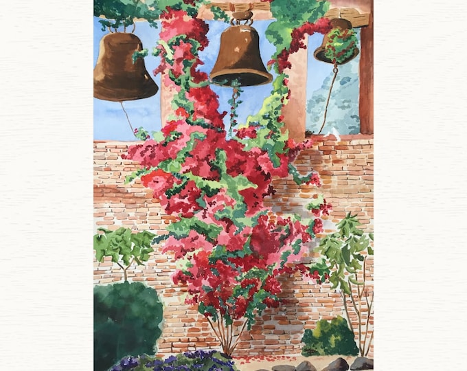 Bougainvillea Watercolor: San Juan Capistrano Mission Landscape, California Art Print