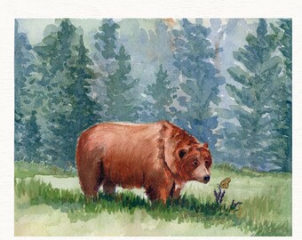 Grizzly Bear Watercolor Art Print: Animal Wall Decor
