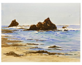 Oregon Beach Art Print: Coastal Landscape Painting, Blue Ocean Wall Decor by Christina Vilgiate