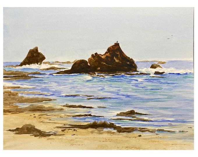 Oregon Beach Art Print: Coastal Landscape Painting, Blue Ocean Wall Decor by Christina Vilgiate