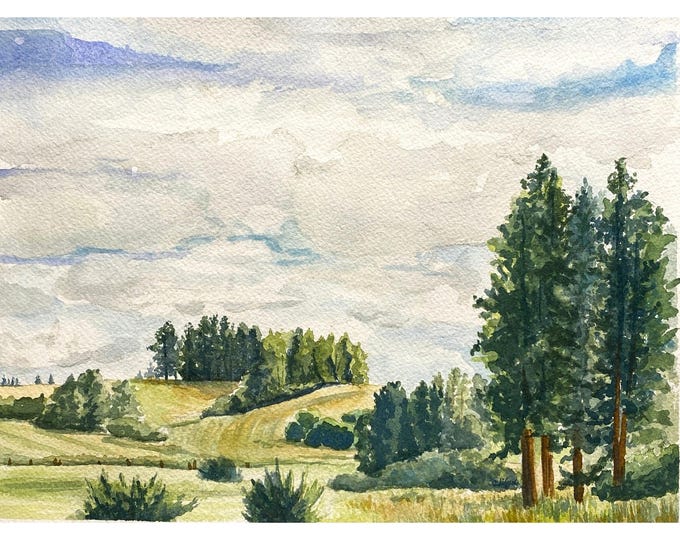 Pastoral Landscape Print: Watercolor Painting of Golden Sunlit Farmland Art by Christina Vilgiate