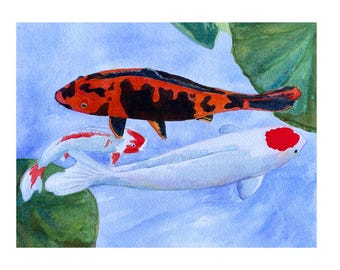 Koi Fish Watercolor Art Print: Japanese Garden Wall Decor