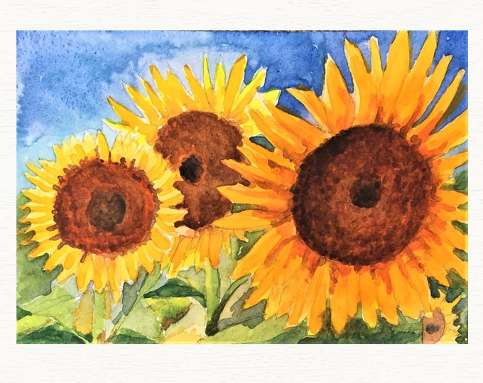 Sun Flowers Print: Watercolor Painting of Three Yellow Flowers