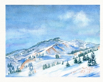 Winter Watercolor Art Print, Painting of Snow-Covered Mountains Dotted with Evergreen Pine Trees