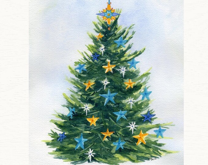 Blue Star Christmas Tree Watercolor Print, Holiday Wall Art