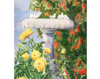 Rose Garden Print, Botanical Flower Wall Art, Watercolor Painting