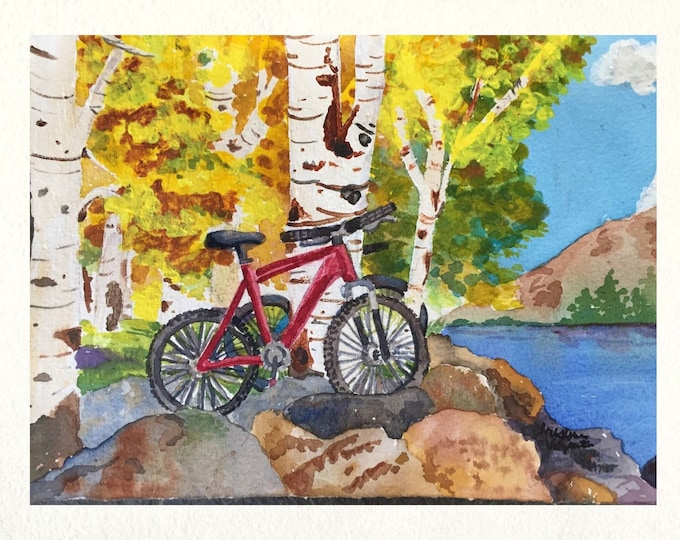 Colorado Lake Watercolor Art Print: Mountain Bike & Aspen Tree by Christina Vilgiate