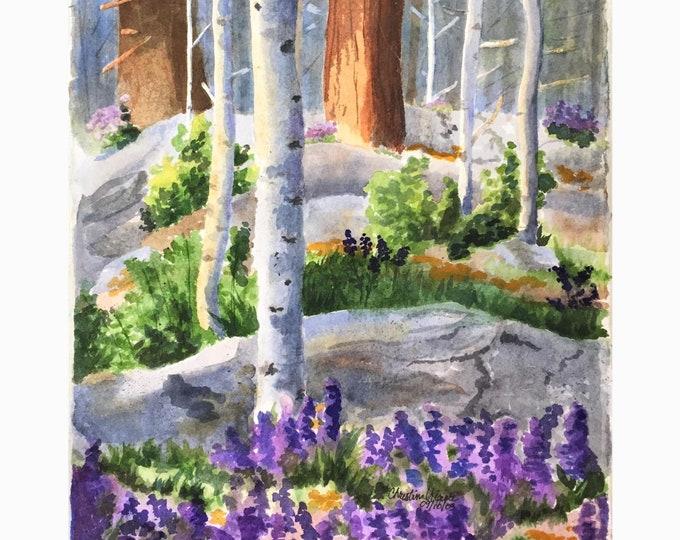 Art Print of Aspens: Watercolor Painting of Trees & Purple Wildflowers