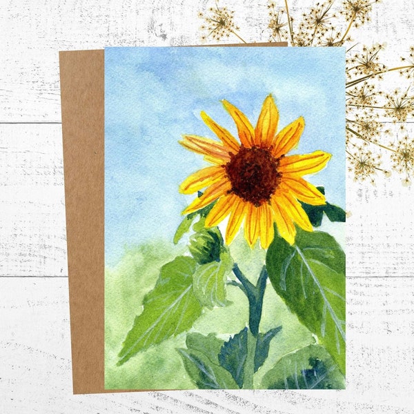 Sunflower card, invitation card with flowers, birthday card, greeting card set, watercolor painting of a single sunflower