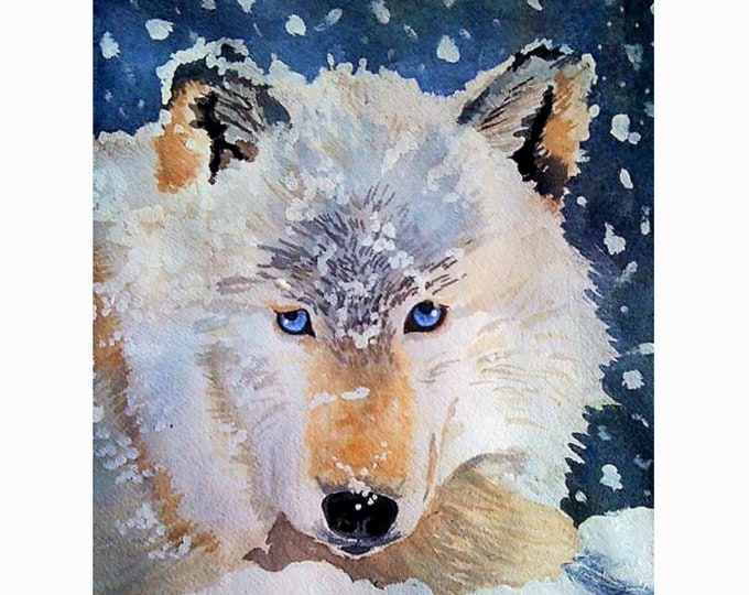 Wolf Watercolor Print: Wildlife Art, Winter Snow Scene