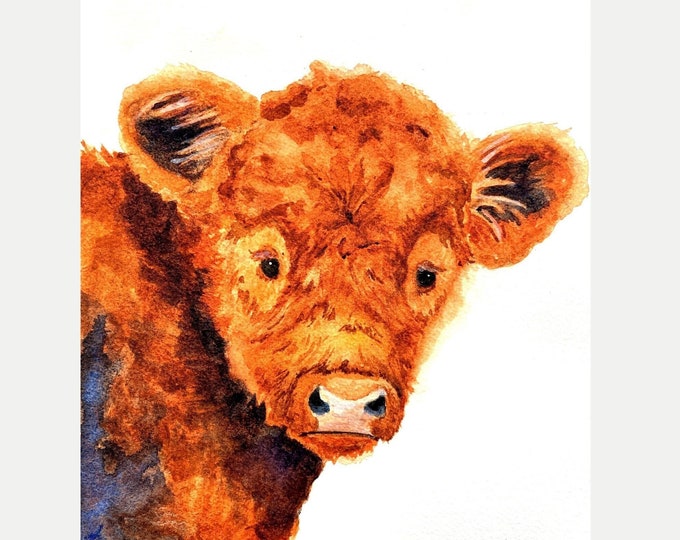 Handmade Watercolor Highland Cow Calf Print for Farmhouse Decor