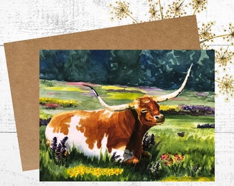Longhorn Cow Card, Birthday Card, Wedding Invitation, Blank Greeting Card