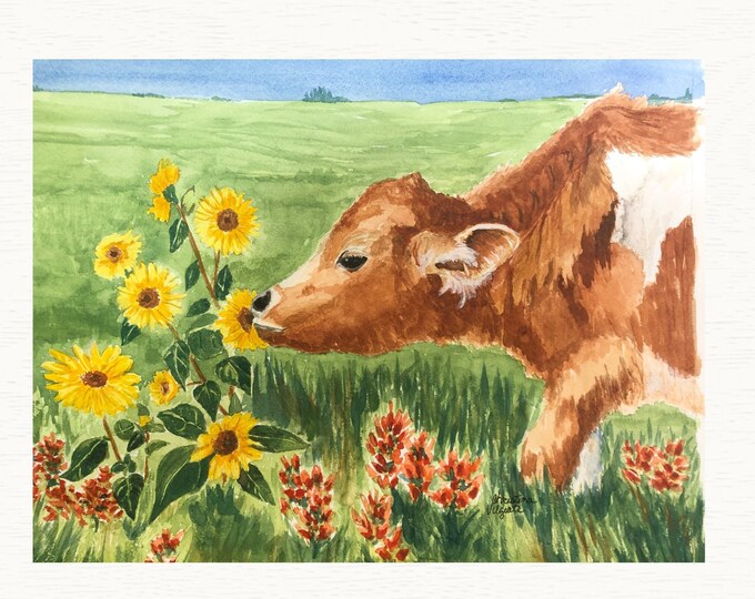 Calf and Sunflowers Watercolor Print: Farmhouse Wall Art