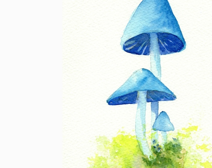 Blue Watercolor Wall Art Print, Watercolor Painting of Blue Mushrooms in Green Moss