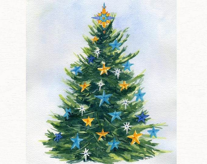 Watercolor Print, Christmas Tree Painting, Painting of a Christmas Tree Decorated with Blue and Gold Stars, Holiday Wall Art