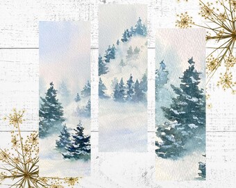 Snowy Pine Tree Handmade Bookmark, Watercolor Bookmark Set, Printed Art Place Keeper, Bookish Gift