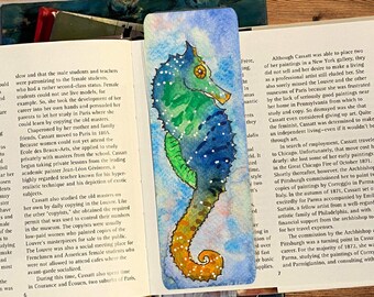 Seahorse Bookmark, Bookish Gift, Watercolor Painting of a Colorful Blue & Green Seahorse, Stationary