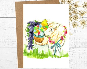 Easter Card, Watercolor Art Card, Handmade Greeting Card, Watercolor Painting of A Lamb Carrying Egg Basket