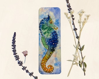 Seahorse Bookmark, Bookish Gift, Watercolor Painting of a Colorful Blue & Green Seahorse, Stationary