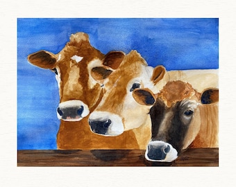 Watercolor Print of Three Jersey Cows Peering Over Fence , Rustic Farm Wall Art for Home Decor