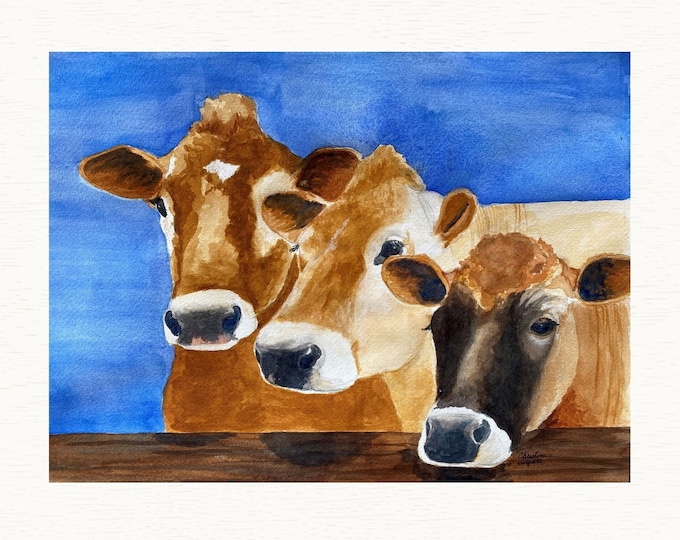 Watercolor Print of Three Jersey Cows Peering Over Fence , Rustic Farm Wall Art for Home Decor
