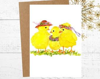 Easter Card, Watercolor Card, Painting of yellow chicks with bonnets, 5x7 Greeting Card