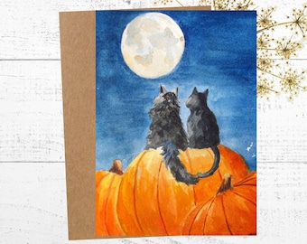 Anniversary Card, Painting of Black Cats Sitting on a Pumpkin Gazing at the Moon, Personalized 5x7 Greeting Card