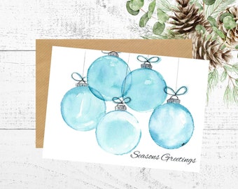 Christmas Card with Light Blue Ornaments, Watercolor Card, Holiday Artwork, Tabletop Art, Personalized 5x7 Blank Card