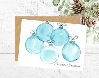 Watercolor Christmas Card, Light Blue Ornaments, Holiday Art (5x7 Blank Card)