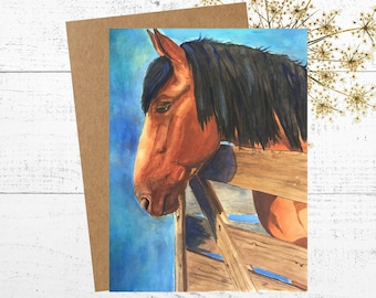 Horse Birthday Card, Painting of a Bay Horse Gazing over a Fence, Thinking of You Note Card, Party Invitation, Personalized Blank 5 x 7 Card