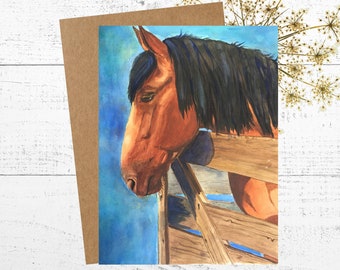 Bay Horse Watercolor Painting Card: Thinking of You, Birthday