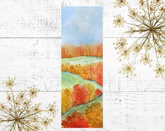 Watercolor Art Bookmark, Painting of a Hilly, Fall Landscape, 2 x 6" Book Lover Gift