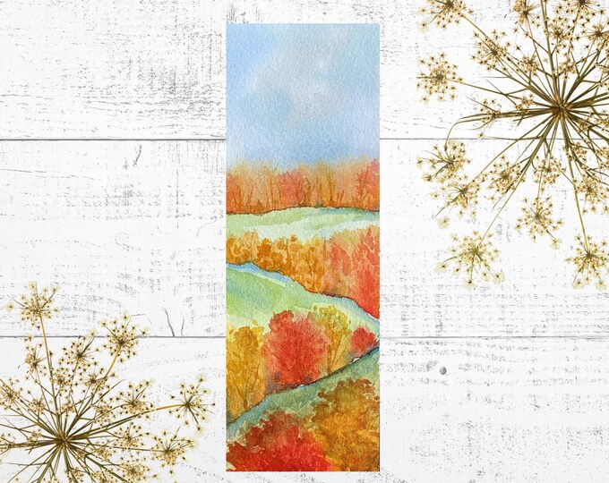 Watercolor Art Bookmark, Painting of a Hilly, Fall Landscape, 2 x 6" Book Lover Gift