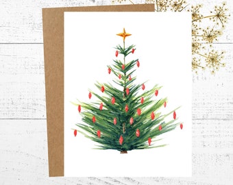 Christmas Card, Holiday Greeting, Christmas Tree Watercolor Painting