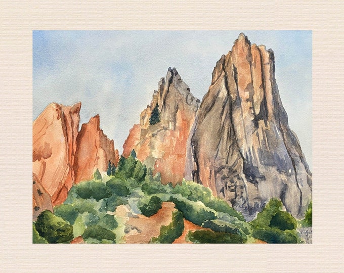 Colorado Watercolor Print, Painting of Cathedral Rock in Garden of the Gods Park, Colorado Landscape Art