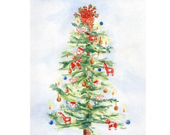 Swedish Christmas Tree Painting, Large Wall Decor, Holiday Wall Art, Scandinavian Christmas Tree Painting