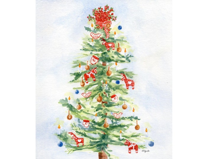 Swedish Christmas Tree Painting, Large Wall Decor, Holiday Wall Art, Scandinavian Christmas Tree Painting