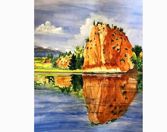 Red Rock Reflection Watercolor Painting: Mountain Lake Art Print