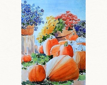 Autumn Pumpkin Patch with colorful Mums Watercolor Painting