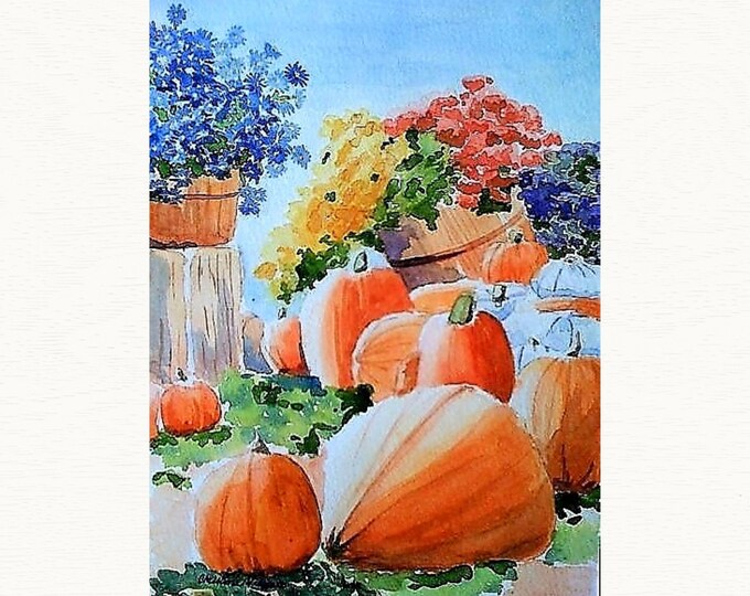 Autumn Pumpkin Patch with colorful Mums Watercolor Painting