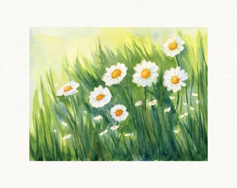 Daisy Watercolor Art Print, Flower Wall Art, Painting of White Daisies in a Meadow