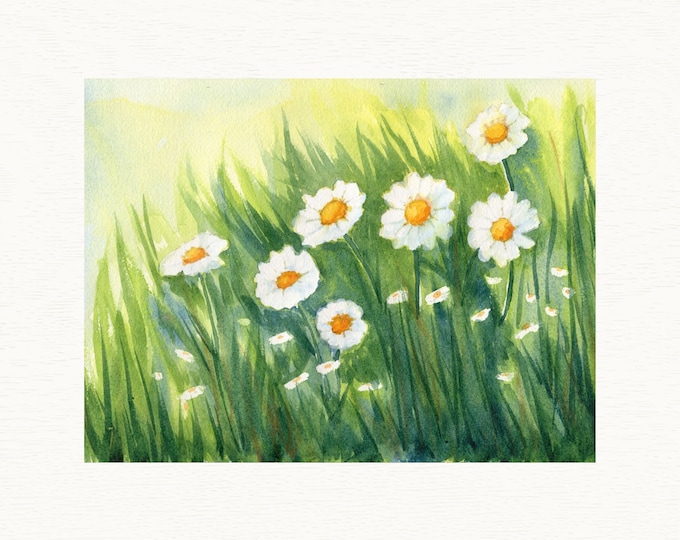 Daisy Watercolor Art Print, Flower Wall Art, Painting of White Daisies in a Meadow
