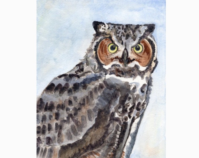 Bird Art Print from Watercolor Painting of a Great Horned Owl