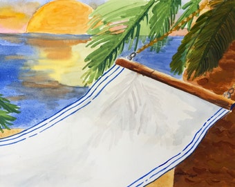 Beach Watercolor Print, Painting of a Hammock Tied to a Palm Tree with a Sunset Over the Ocean in the Background