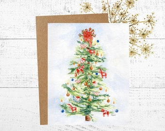 Christmas Card, Swedish Christmas Tree Cards, Holiday Watercolor card, 5x7 Personalized Greeting Card