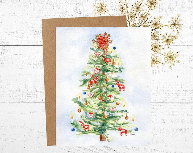 Christmas Card, Swedish Christmas Tree Cards, Holiday Watercolor card, Personalized Greeting Card